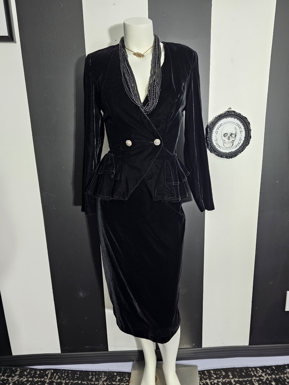 Vintage Black Velvet Midi Dress with Peplum Jacket